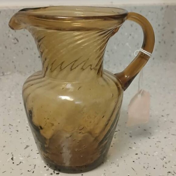 Vintage Hand Blown Amber Pitcher. Swirl Optic Pattern. Crackle Glass Finish - Picture 3 of 7